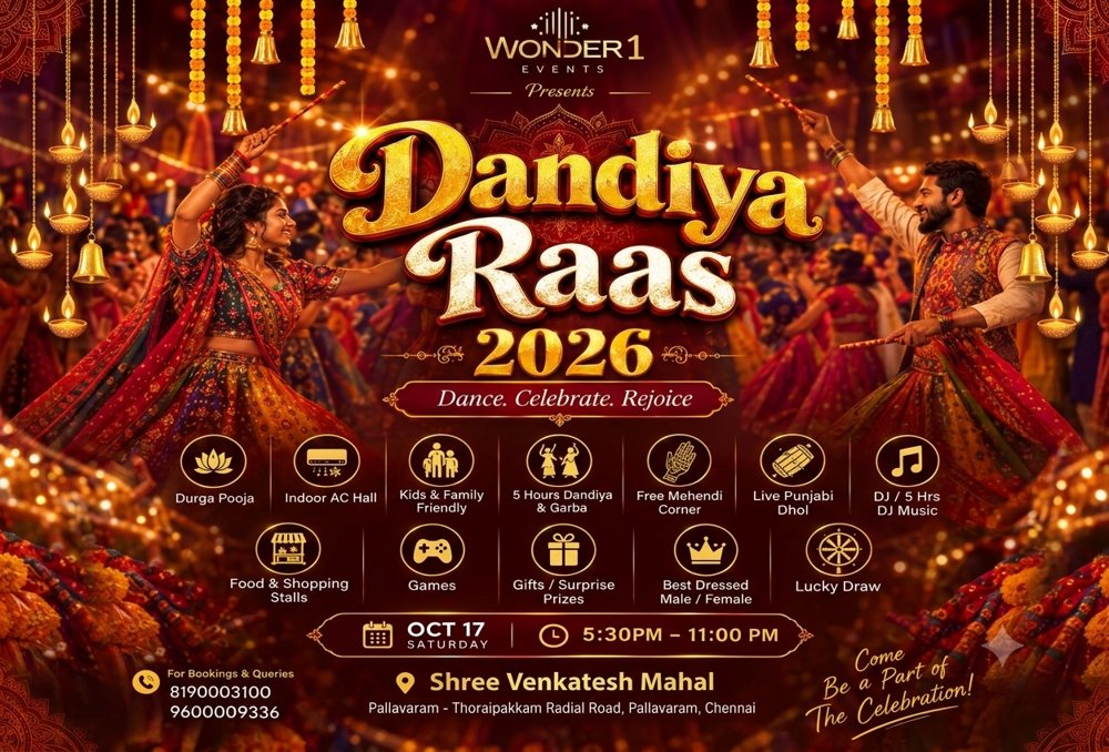 Dandiya Raas 2026 poster: Saturday 17 October, 5:30 PM to 11:00 PM, Shree Venkatesh Mahal, Pallavaram, Chennai
